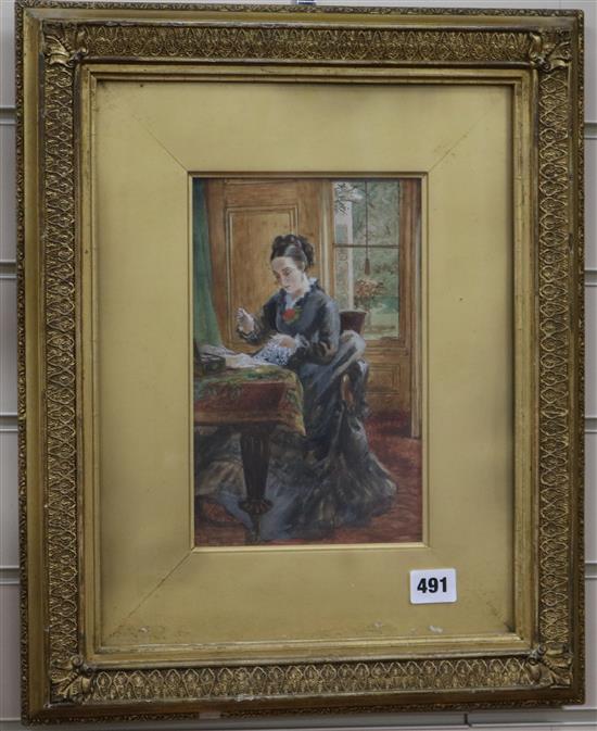 Lamb? late 19th century, watercolour and bodycolour, Lady sewing at a table, 24 x 15cm